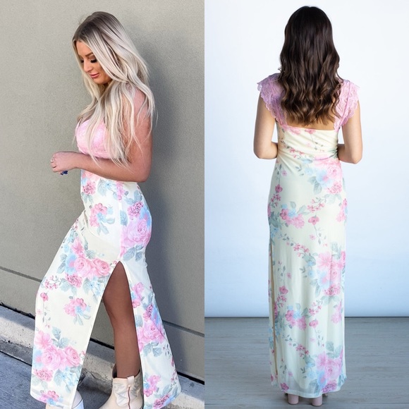 *24 HOUR SALE* Pretty In Pastels Floral Print Lace Maxi Dress - Picture 7 of 10